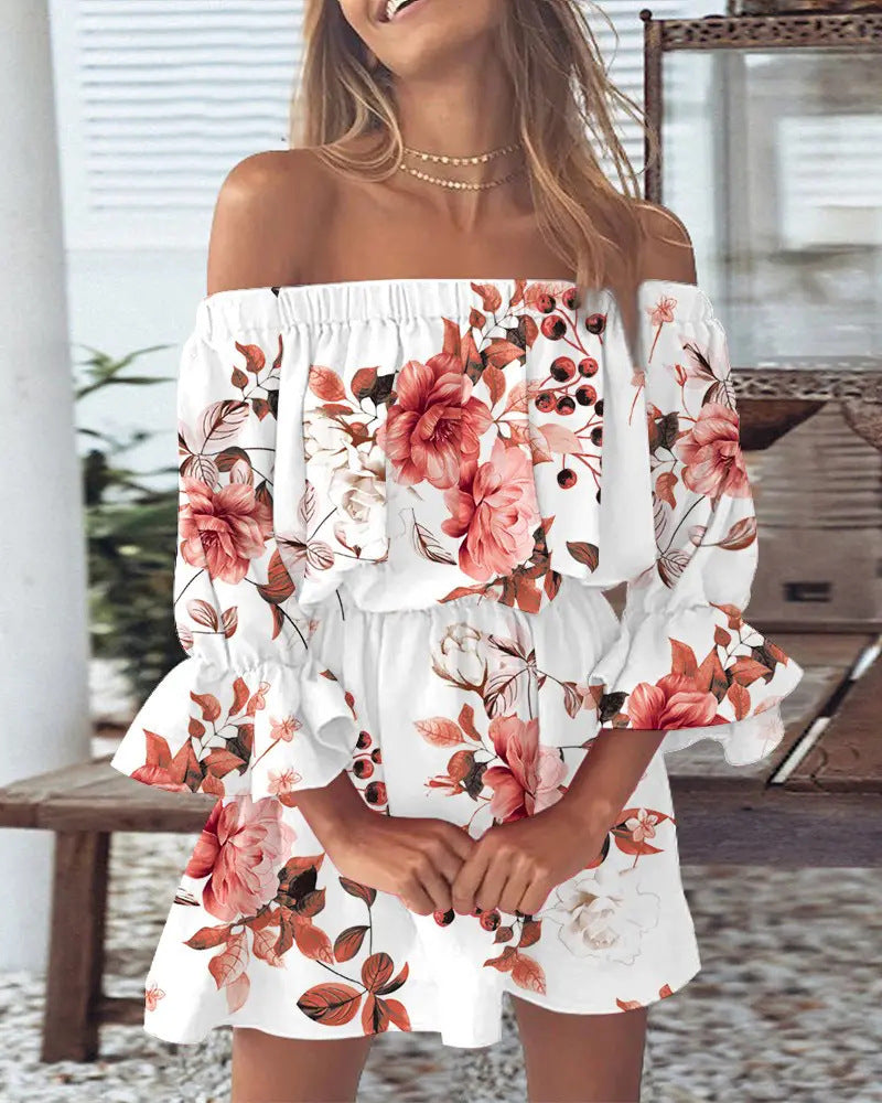 IRCA off-shoulder summer dress in white with red floral print, elastic neckline and sleeves