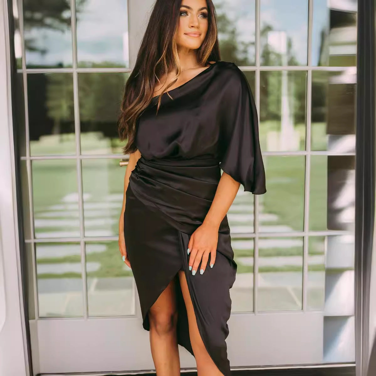 ALBA satin one-shoulder mini dress, black, draped waist with asymmetrical overlay