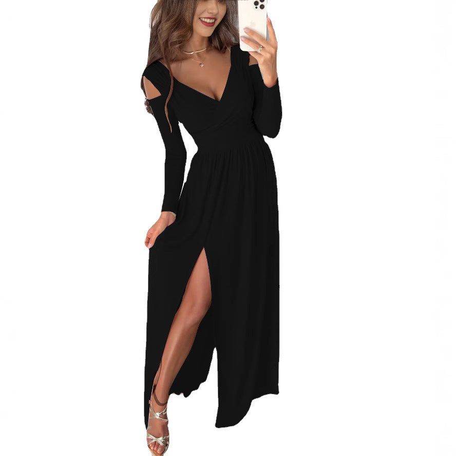Black V-neck maxi dress with long sleeves, ruched waist and thigh-high slit