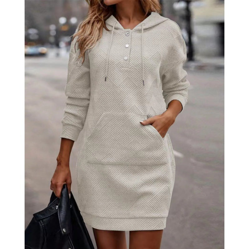 Hoodie dress in light cream with diamond pattern, front buttons, and kangaroo pocket