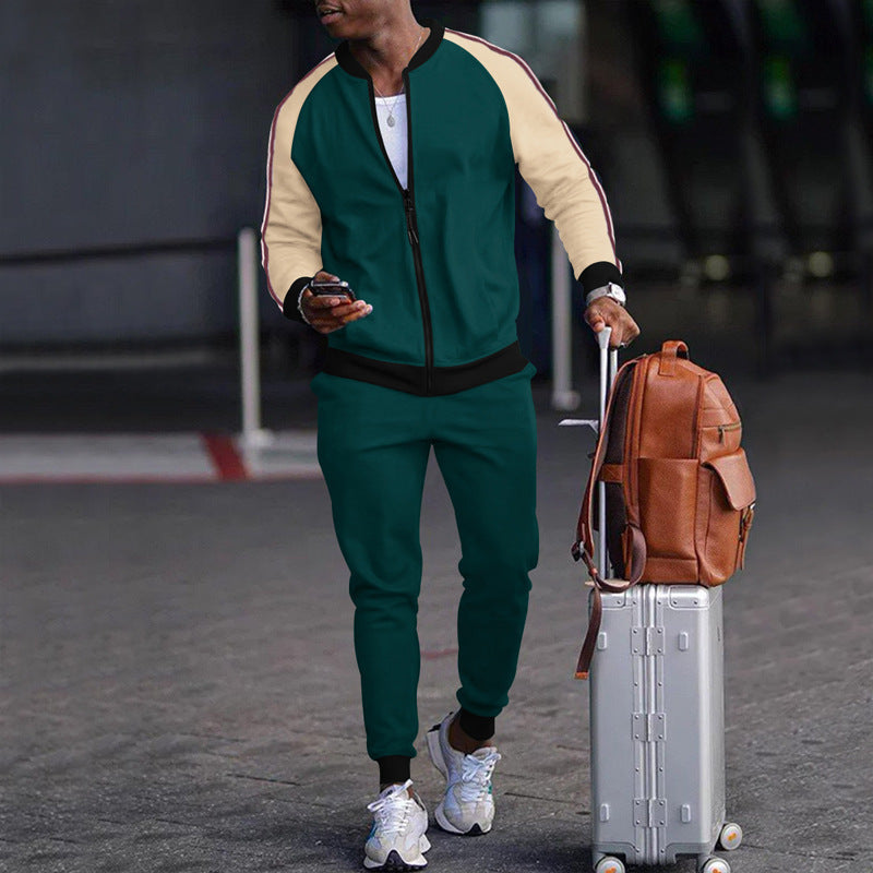 Men's DOLRIX track suit: dark green zip jacket with tan sleeves and cream side stripes
