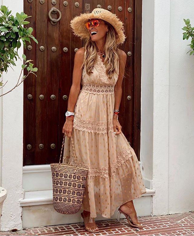 FLORENCE apricot boho dress, sleeveless V-neck with lace trim and tiered ruffles