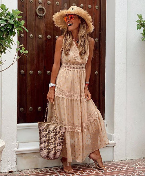 FLORENCE apricot boho dress, sleeveless V-neck with lace trim and tiered ruffles