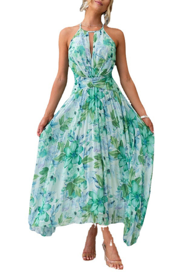 Floral halter maxi dress, green-blue, keyhole neckline and full flowing skirt