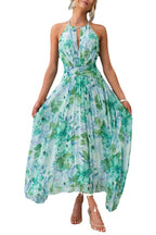Floral halter maxi dress, green-blue, keyhole neckline and full flowing skirt