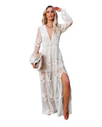 White sheer lace maxi dress with V-neck, long sleeves, and tiered skirt