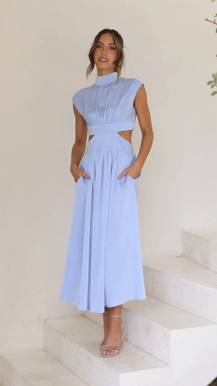 Light blue sleeveless midi summer dress with high neck and gathered waist