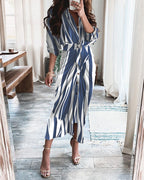 Wrap midi dress with waist tie, button front, blue and white vertical stripe print