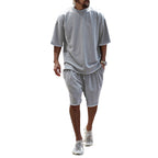Light gray relaxed summer set with short-sleeve T-shirt and knee-length shorts