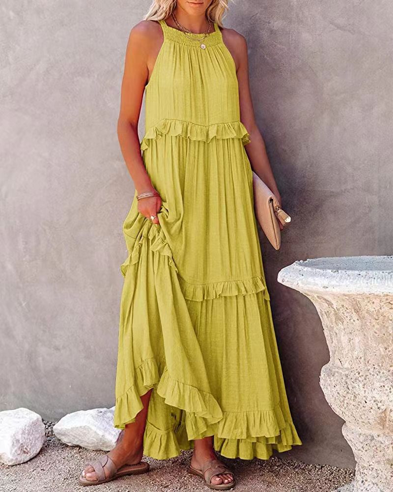 Lime green tiered maxi dress with ruffled panels and sleeveless high neckline