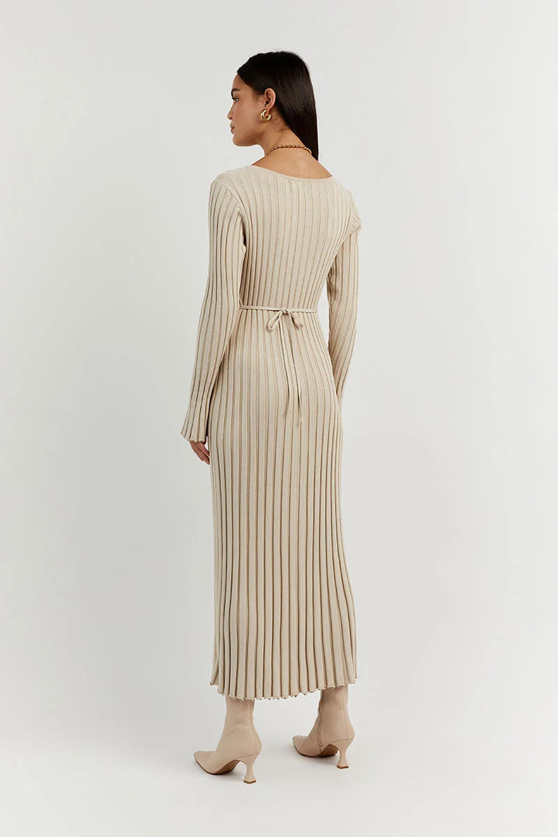 Beige V-neck midi dress, back view, long sleeves with tie waist detail