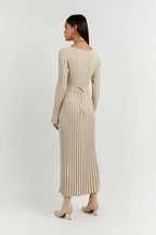 Beige V-neck midi dress, back view, long sleeves with tie waist detail