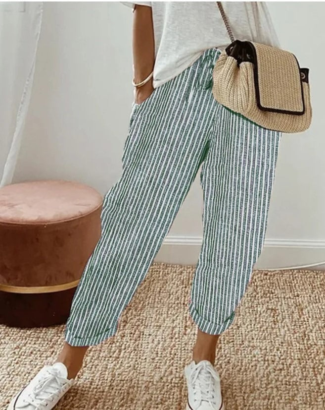 Yara™ striped summer trousers, green and white vertical stripes, cropped ankle length