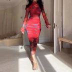 Red and pink abstract bodycon midi dress with long sleeves and high neck, fitted