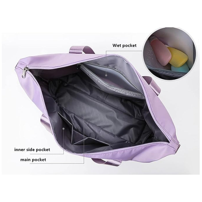 Lavender waterproof sleeping bag carrier with open interior and zip compartments