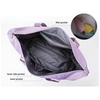 Lavender waterproof sleeping bag carrier with open interior and zip compartments