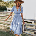 Blue striped midi shirt dress with tiered skirt, puff sleeves, and button front