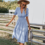 Blue striped midi shirt dress with tiered skirt, puff sleeves, and button front