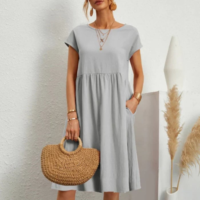 Sophie™ midi dress in light gray, short sleeves, gathered waist, flowy A-line skirt