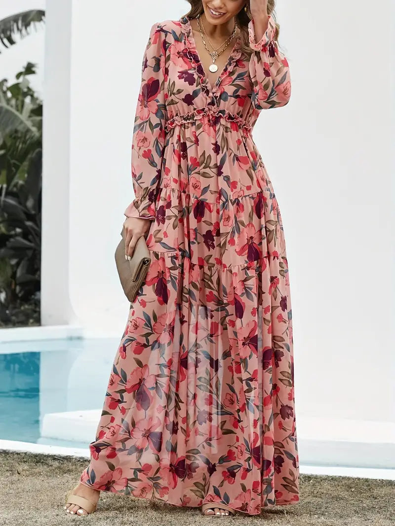 Rose floral tiered maxi dress with V-neck and long puff sleeves