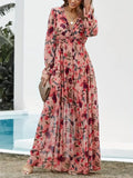Rose floral tiered maxi dress with V-neck and long puff sleeves