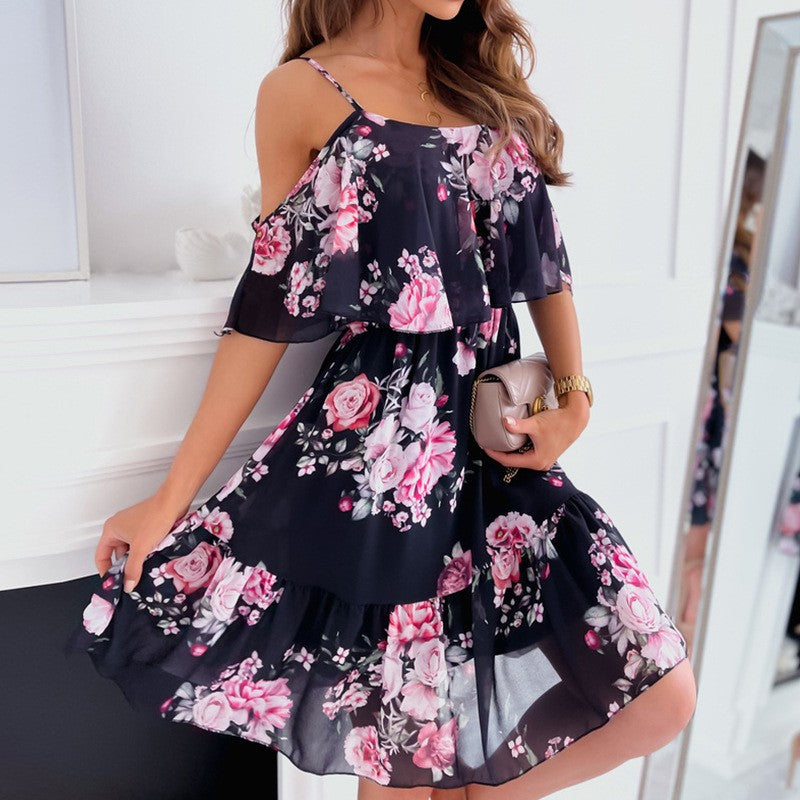 Floral ruffle cami dress on dark with pink rose print, gathered bodice
