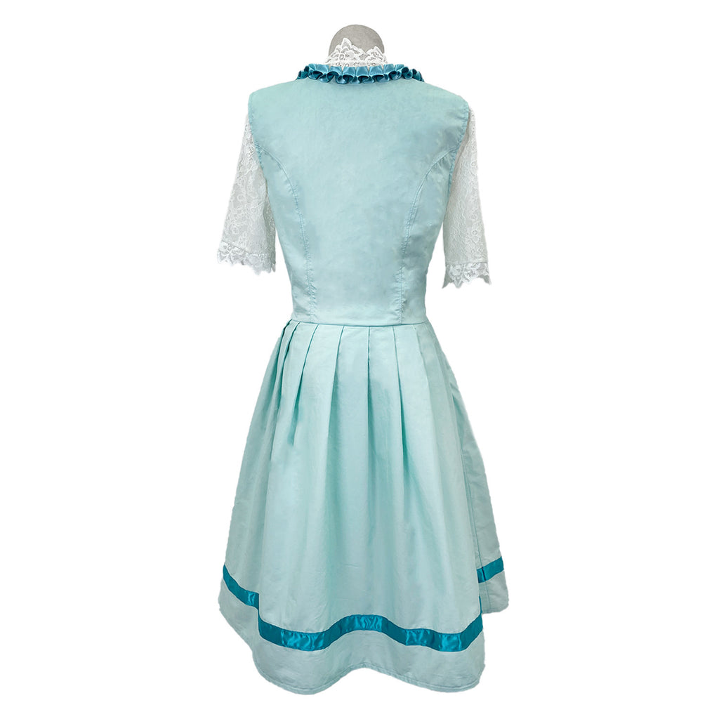 Aqua midi dress back view with lace sleeves and fitted waist with gathered skirt