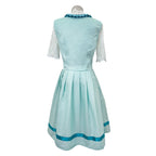 Aqua midi dress back view with lace sleeves and fitted waist with gathered skirt
