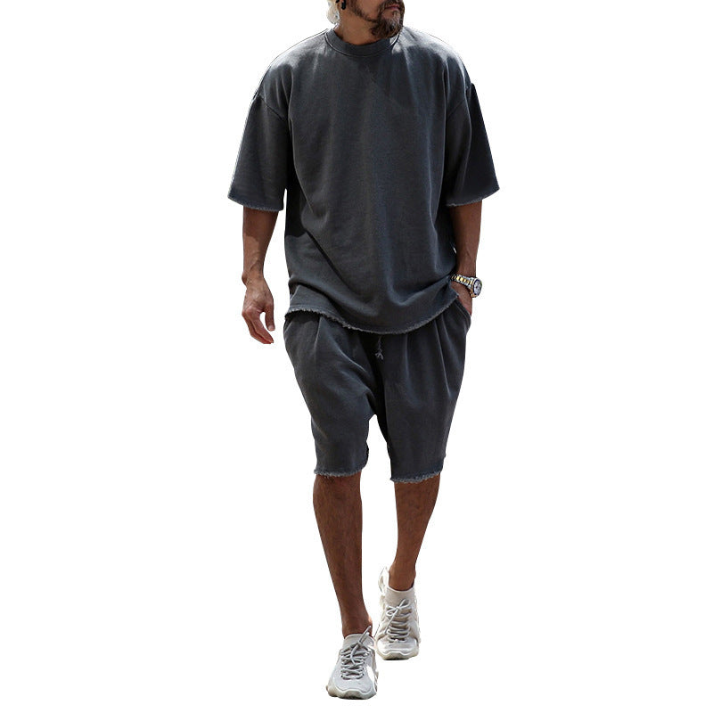 Dark gray relaxed summer set: short-sleeve T-shirt and knee-length shorts