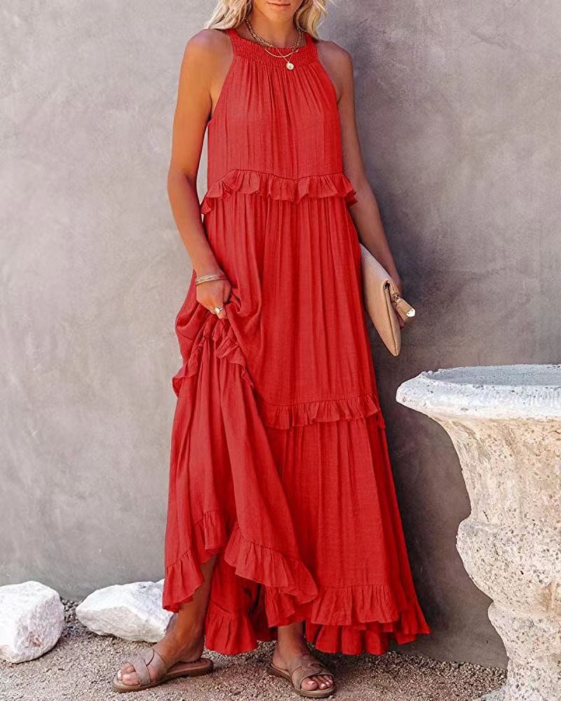 Red tiered maxi dress with ruffled layers and sleeveless high neckline