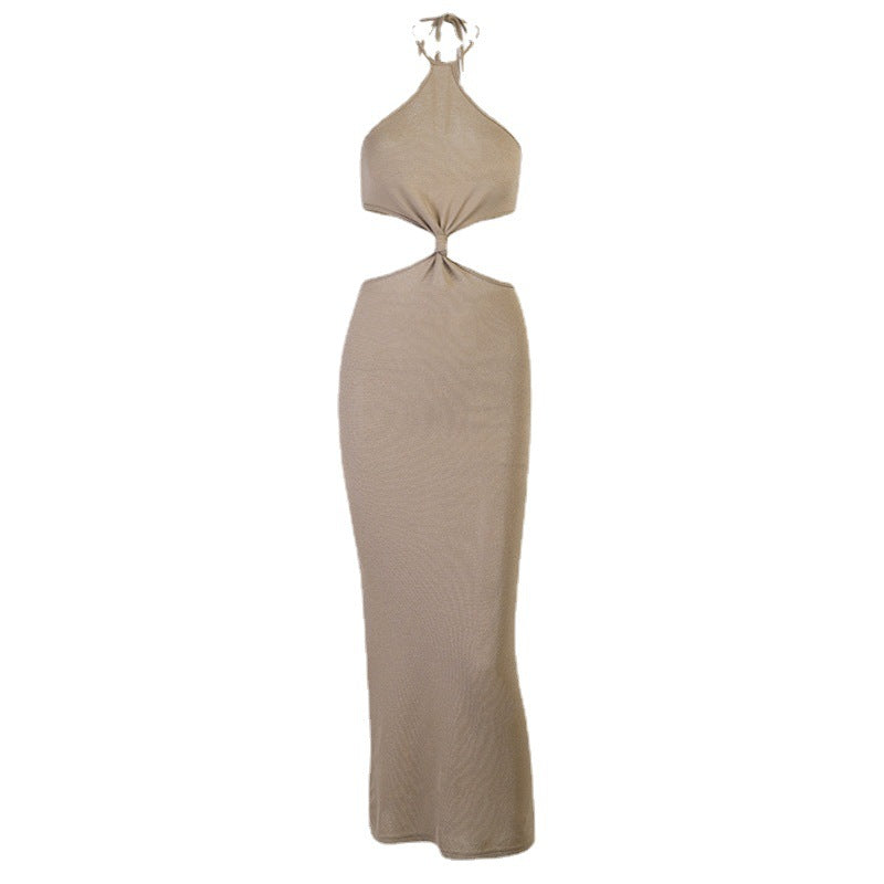 Khaki halter maxi summer dress with back tie cutout