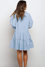 Comfy blue check summer dress, V-neck, button front, tiered skirt (back view)