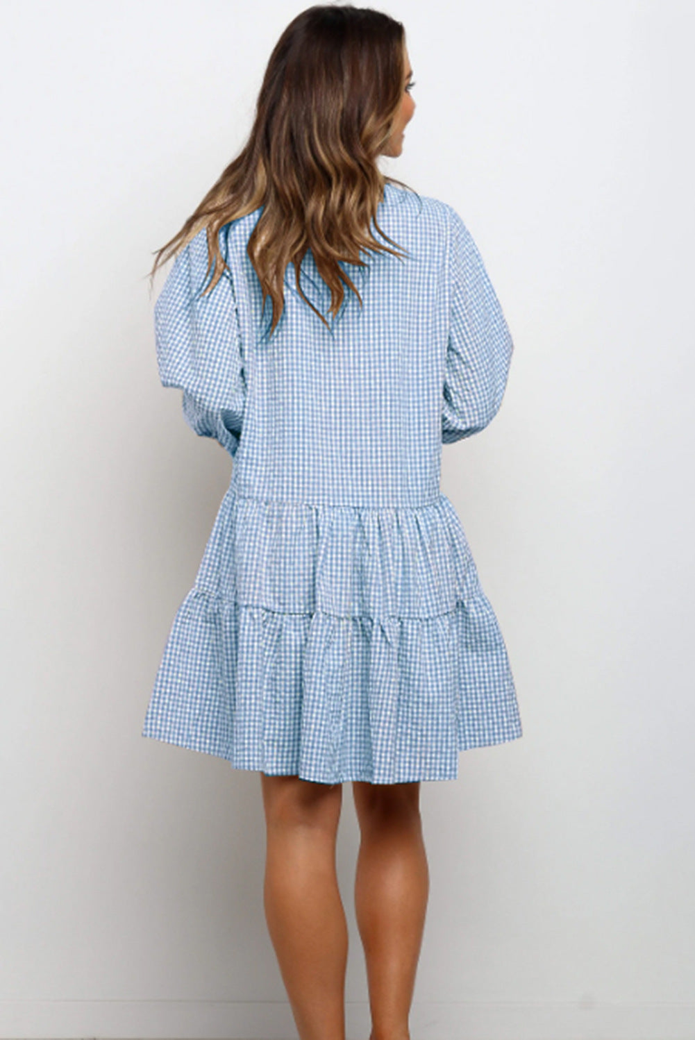 Comfy blue check summer dress, V-neck, button front, tiered skirt (back view)