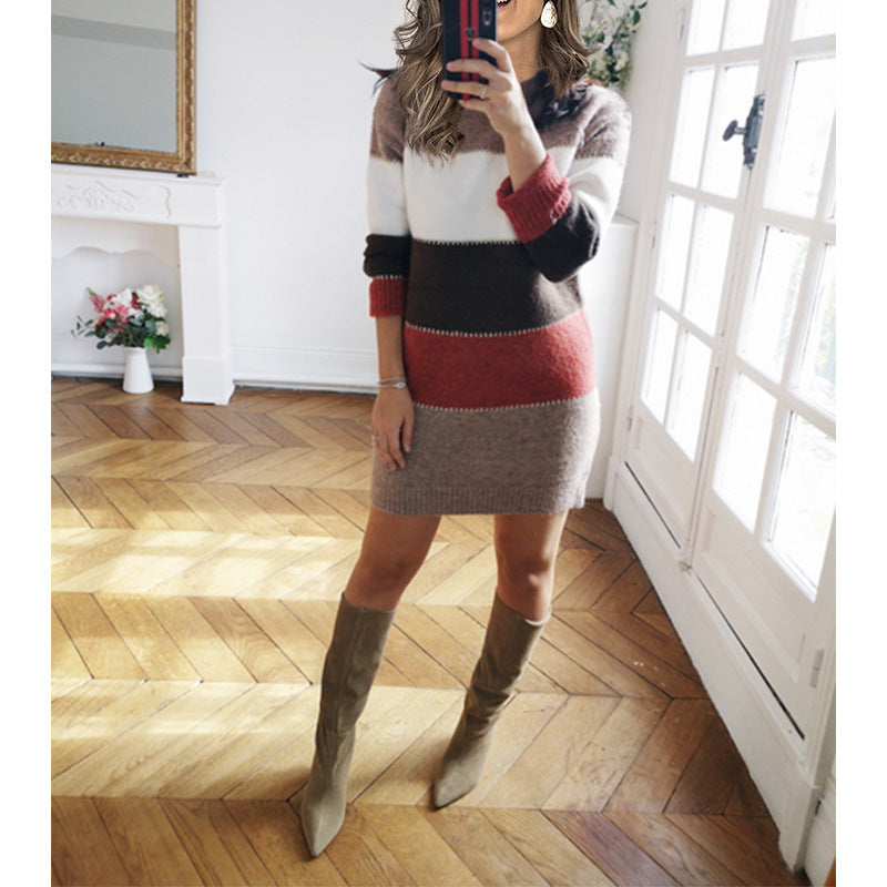 ONDRA women’s striped knit sweater dress, long sleeves, crew neck; red, cream, and dark stripes.