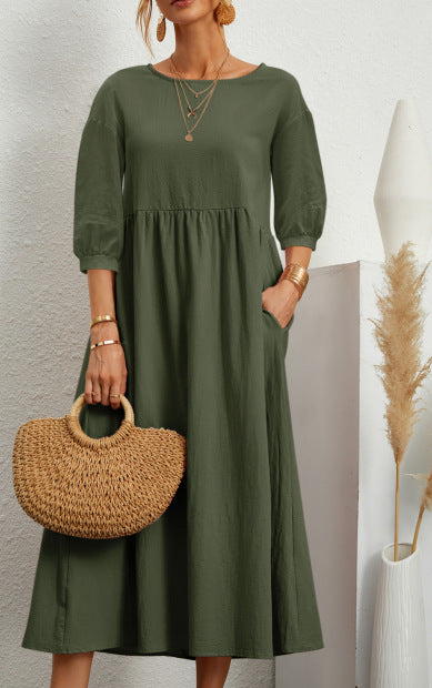 WEGAHTA long dress in olive green with gathered waist and 3/4 puff sleeves