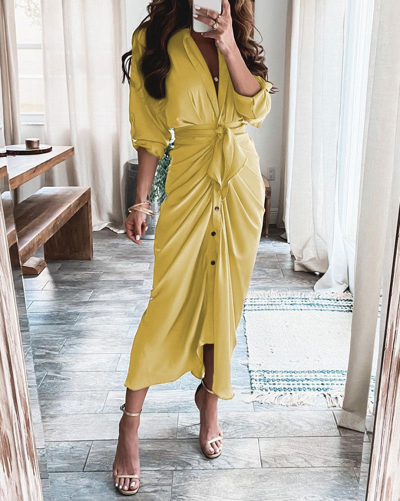 Wrap midi dress with waist tie, button front, mustard yellow solid fabric