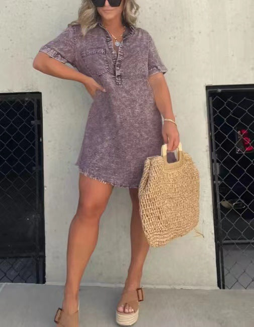Mauve denim-style casual dress with button placket, short sleeves, and frayed hem