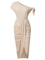 Apricot ruched midi dress with tie shoulder straps and high side slit