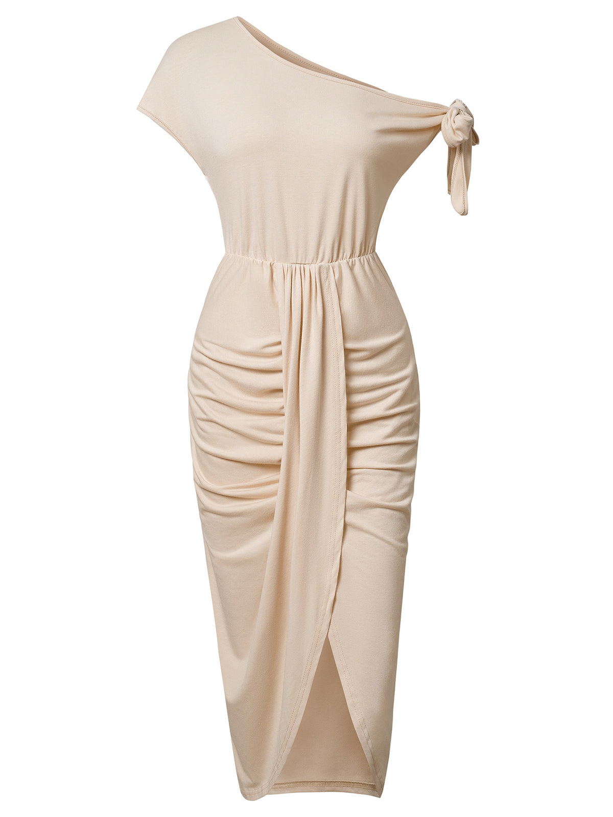 Apricot ruched midi dress with tie shoulder straps and high side slit