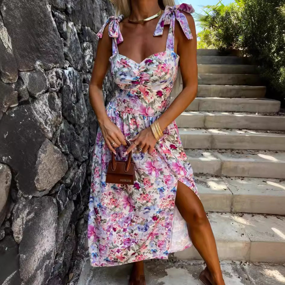 Pink and blue floral summer dress with ruched bodice, bow-tie straps and side slit