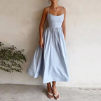 Light blue sleeveless maxi dress with spaghetti straps and gathered waist full skirt