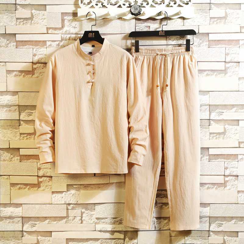 Men's tunic and drawstring pants set, cream, long sleeves, button placket