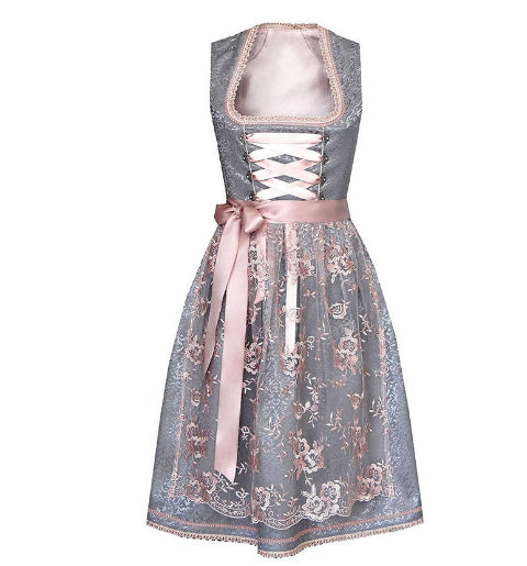 ANNA Oktoberfest dress in dark gray with pink ribbon lacing and floral skirt