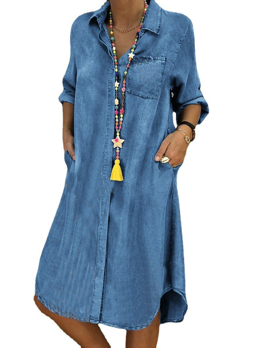 Light blue denim shirt dress with chest pocket, button front, and side slit hem
