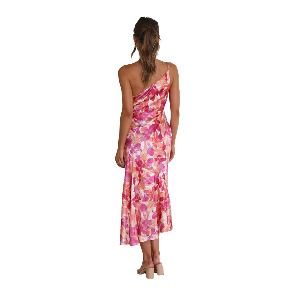 Floral one-shoulder midi dress, sleeveless, pink and magenta side view