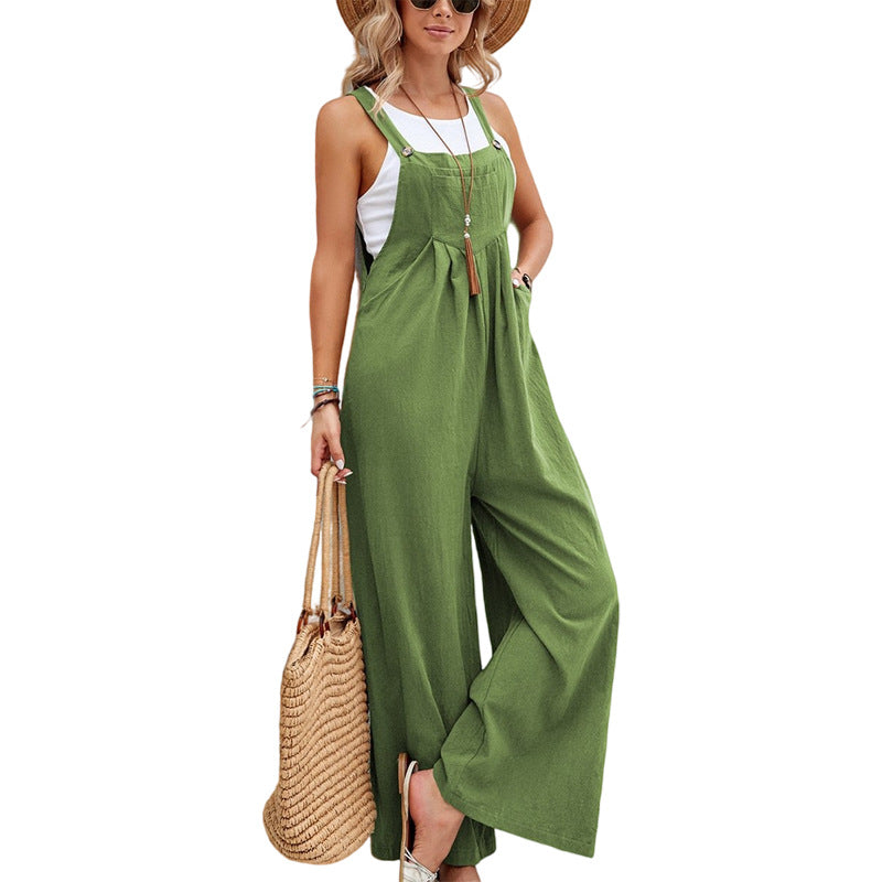 Women’s casual sleeveless jumpsuit in green, tie-front straps and wide-leg pants