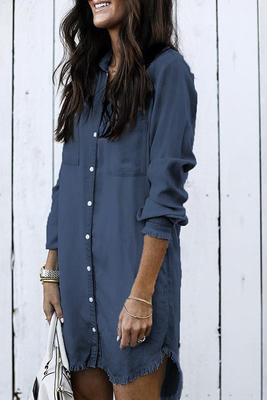 Long-sleeve shirt dress, dark blue, button-front with chest pockets