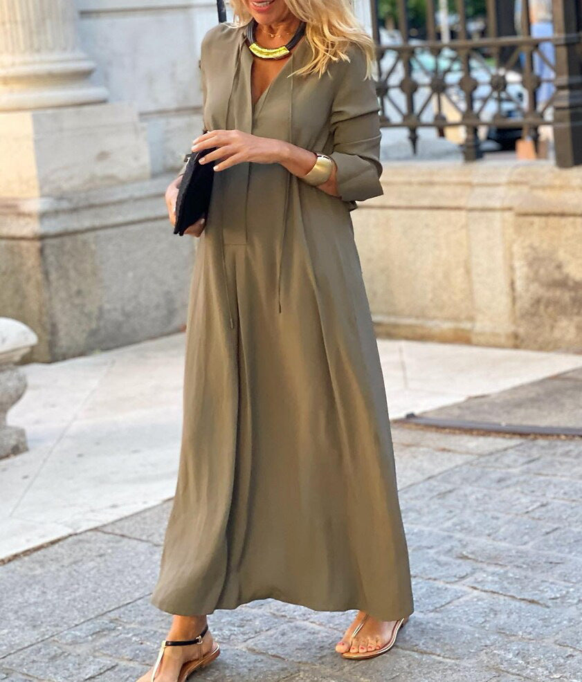 Olive-beige long-sleeve V-neck maxi dress with relaxed fit and button-front styling