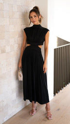 Black sleeveless midi dress with high neck and gathered, pleated skirt