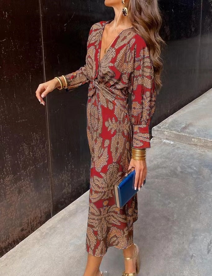 Red patterned summer maxi dress with twist-front tie at waist, long sleeves